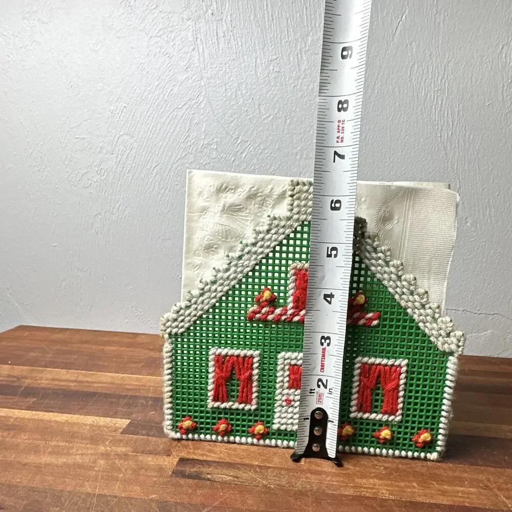 Christmas Napkin Holder, Handmade Needlepoint & Plastic,Green Red & White